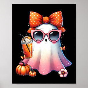 Cute Ghost Drinking Coffee With Halloween Bow Wome Poster