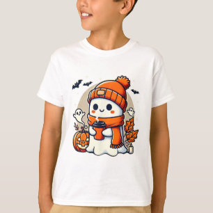 Cute Ghost Drinking Coffee Women Halloween Kawaii T-Shirt