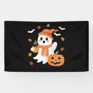 Cute Ghost Drinking Ice Coffee Halloween Banner