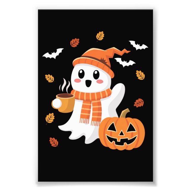 Cute Ghost Drinking Ice Coffee Halloween  Photo Print (Front)