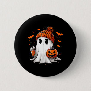 Cute Ghost Drinking Ice Coffee Halloween Pumpkin 2 Inch Round Button
