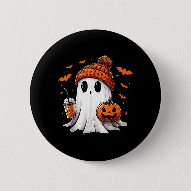 Cute Ghost Drinking Ice Coffee Halloween Pumpkin 2 Inch Round Button (Front)