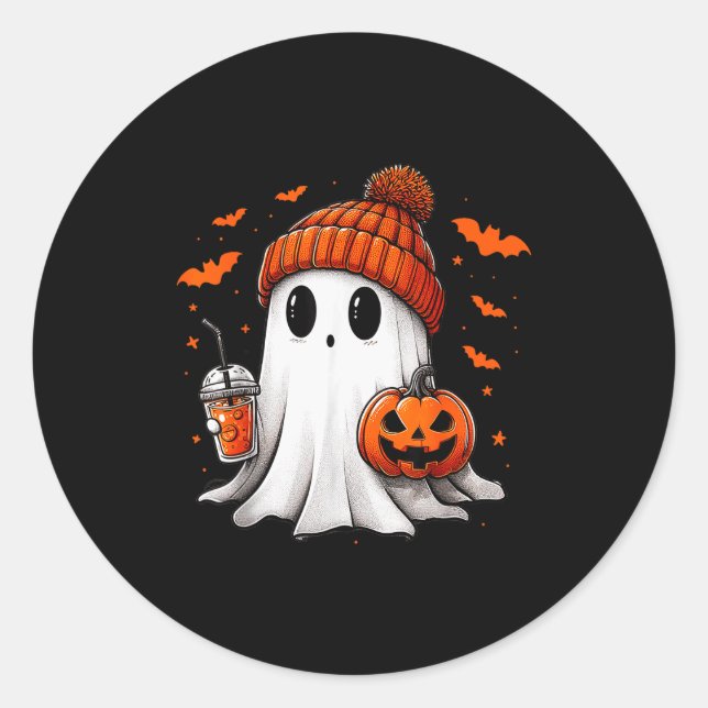 Cute Ghost Drinking Ice Coffee Halloween Pumpkin M Classic Round Sticker (Front)