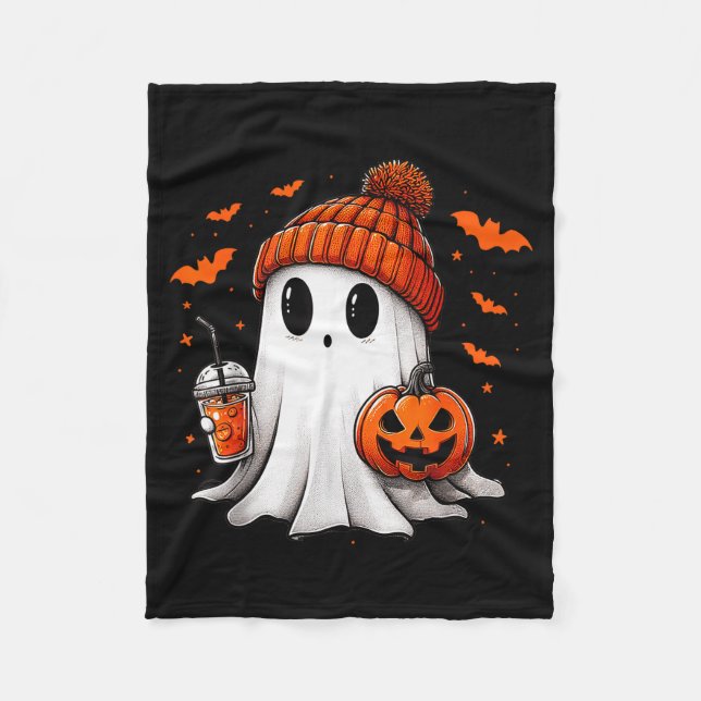 Cute Ghost Drinking Ice Coffee Halloween Pumpkin M Fleece Blanket (Front)