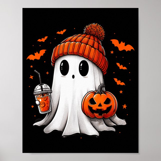 Cute Ghost Drinking Ice Coffee Halloween Pumpkin M Poster (Front)
