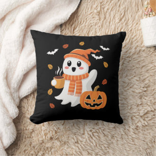Cute Ghost Drinking Ice Coffee Halloween  Throw Pillow