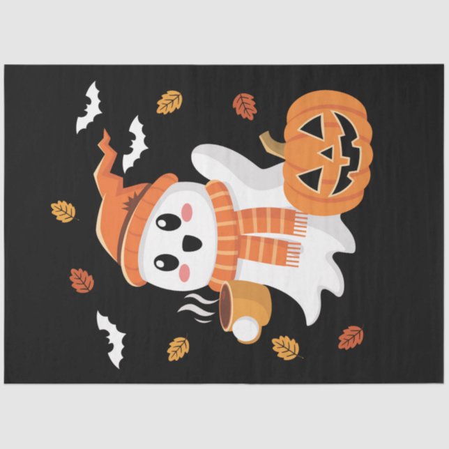 Cute Ghost Drinking Ice Coffee Halloween  Tissue Paper (Front)