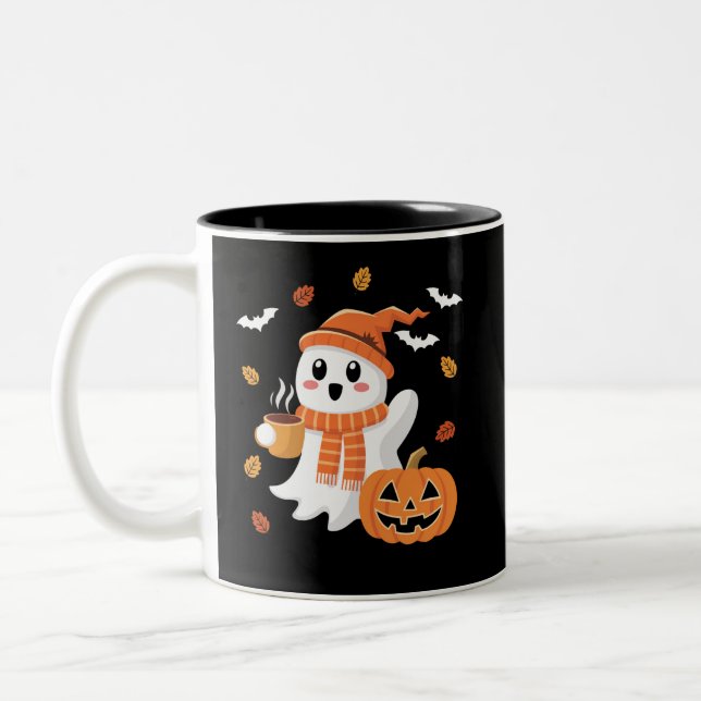 Cute Ghost Drinking Ice Coffee Halloween  Two-Tone Coffee Mug (Left)
