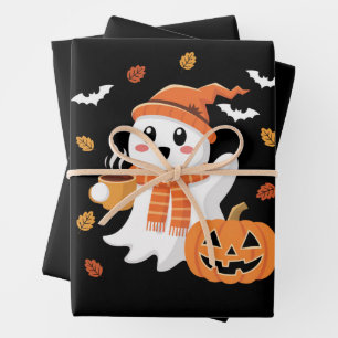 Cute Ghost Drinking Ice Coffee Halloween  Wrapping Paper Sheet