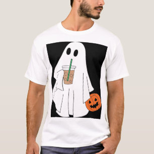 Cute Ghost Drinking Iced Coffee with Pumpkin  T-Shirt