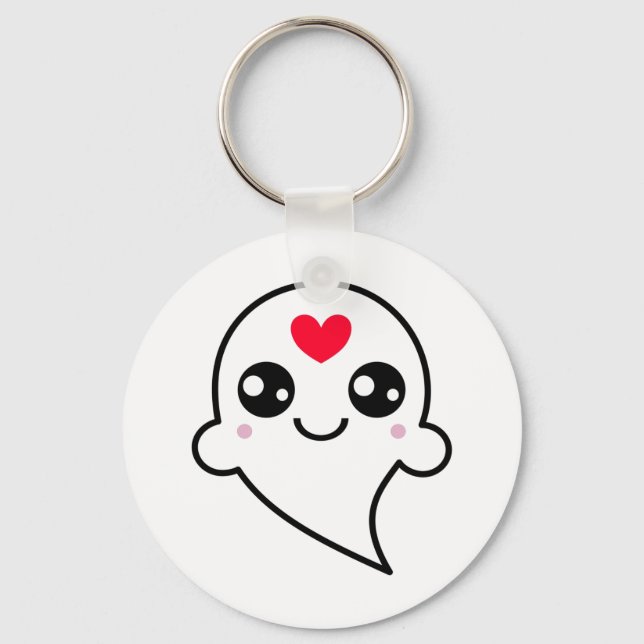 Cute Ghost Emoji Red Heart Keychain (Front)
