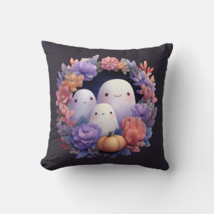 Cute Ghost Family Halloween Wreath Throw Pillow