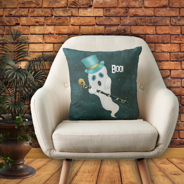 Cute Ghost Floating in Sky Skull Cane Blue Top Hat Throw Pillow (Ghost silly face in top hat with skull cane floating in night sky with stars on Halloween pillow.)