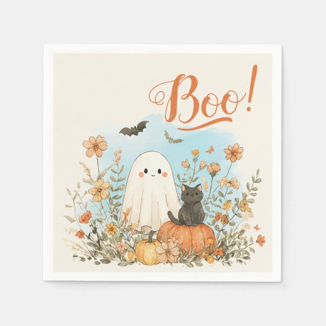 Cute Ghost Floral Halloween Napkin (Front)