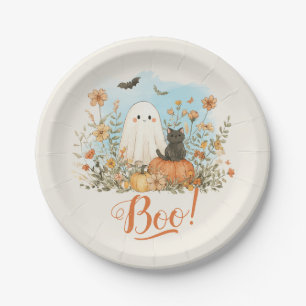 Cute Ghost Floral Halloween Paper Plate