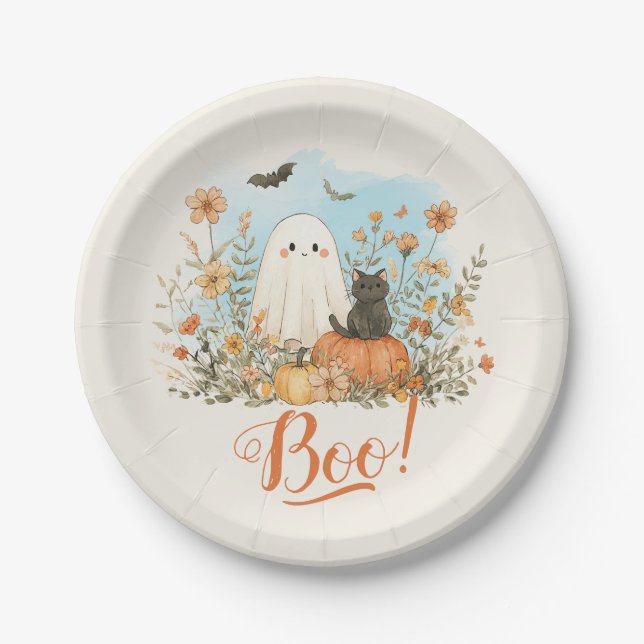 Cute Ghost Floral Halloween Paper Plate (Front)