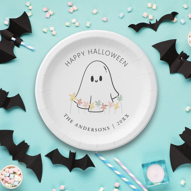 Cute Ghost Floral Halloween Paper Plate (Creator Uploaded)