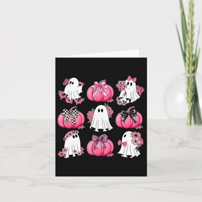 Cute Ghost Florals Pink Coquette Bows Pumpkins Hal Card (Front)