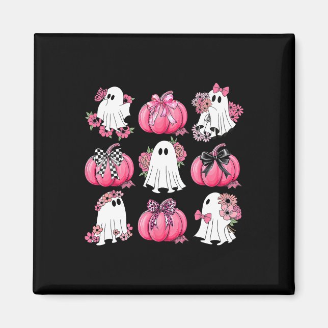 Cute Ghost Florals Pink Coquette Bows Pumpkins Hal Magnet (Front)
