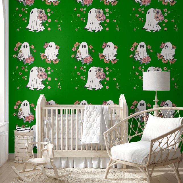 Cute ghost flower kids pattern green background wallpaper (Kids)
