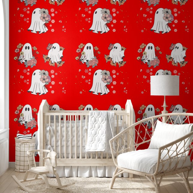 Cute ghost flower kids pattern red background wallpaper (Kids)