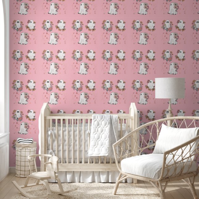Cute ghost flower kids pink peel and stick wallpaper (Kids)