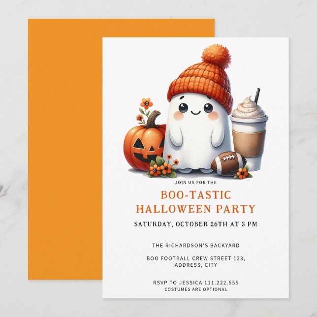 Cute Ghost Football Boo-Tastic Halloween Party Invitation (Front/Back)