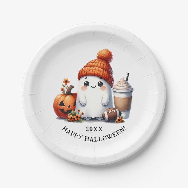 Cute Ghost Football Player Happy Halloween Paper Plate (Front)