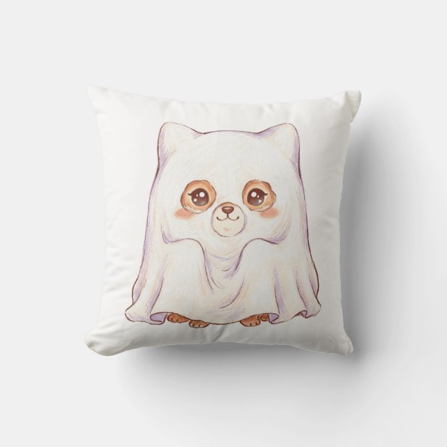 Cute Ghost Fox Halloween - Spooky Cute Chubby Anim Throw Pillow (Front)