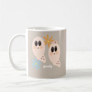 Cute Ghost Ghoul Retro Groovy Floral Beige Coffee Mug