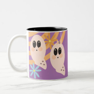 Cute Ghost Ghoul Retro Halloween Groovy Floral Two-Tone Coffee Mug