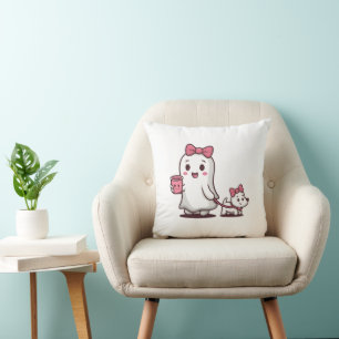 Cute Ghost Girl Kids Halloween Outfit with Puppy Throw Pillow