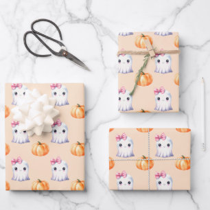 Cute Ghost Girl Pumpkin Watercolour Pink Halloween Wrapping Paper Sheet