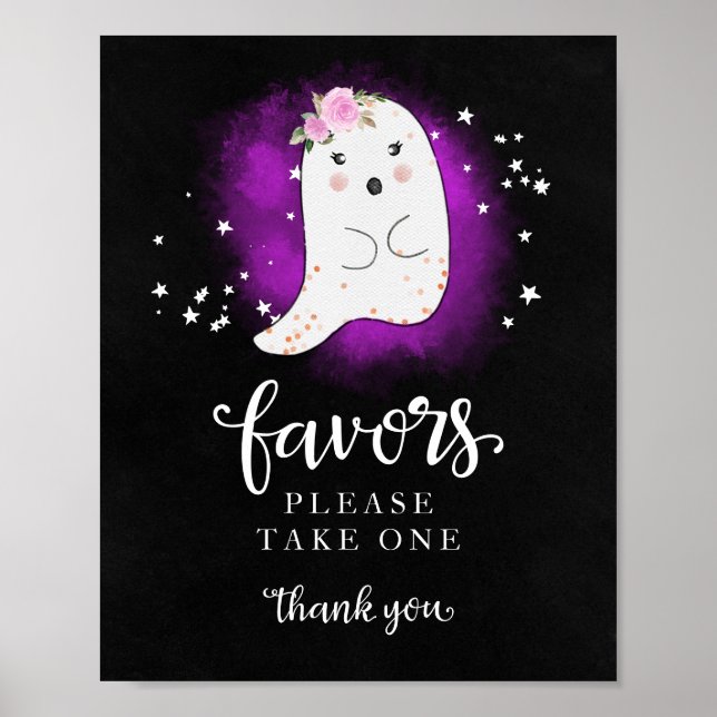 Cute Ghost Halloween Girl Baby Shower Favors Sign (Front)