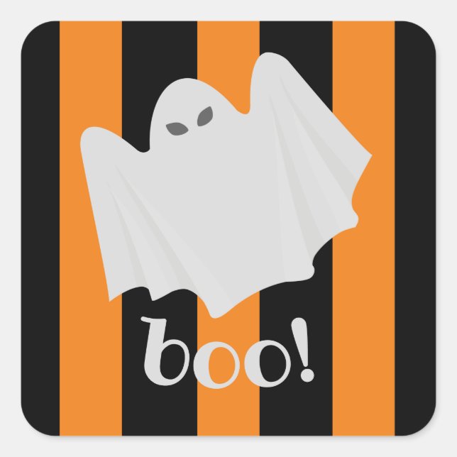 Cute Ghost Halloween Orange and Black Stripes Square Sticker (Front)