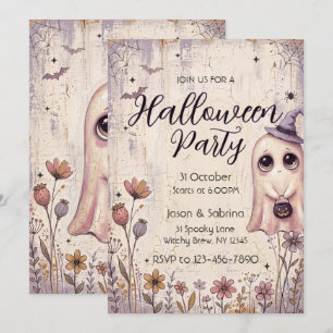 Cute Ghost Halloween Party Vintage Pink Invitation