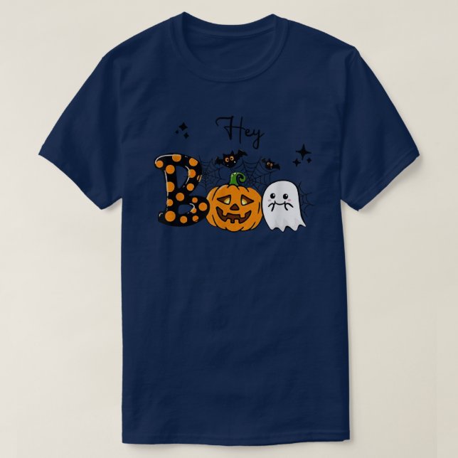 Cute Ghost Halloween Pumpkin Face Hey Boo Trendy H T-Shirt (Design Front)