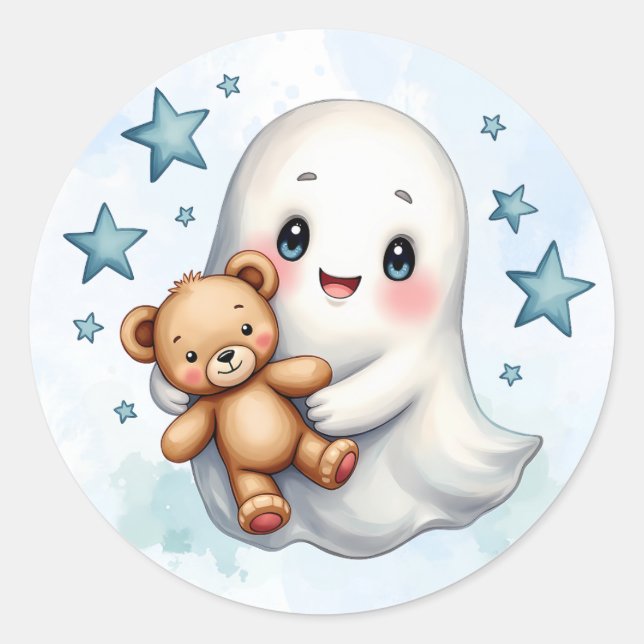 Cute Ghost Halloween Themed Boys Baby Shower Classic Round Sticker (Front)