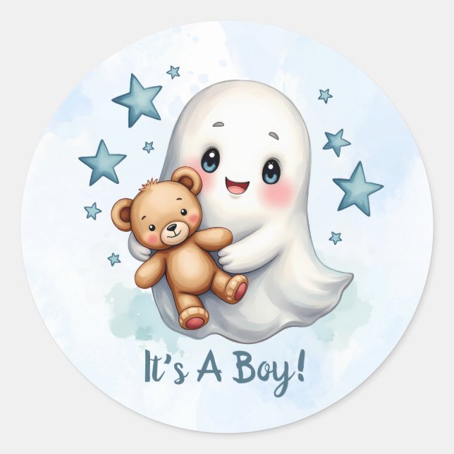 Cute Ghost Halloween Themed Boys Baby Shower Classic Round Sticker (Front)