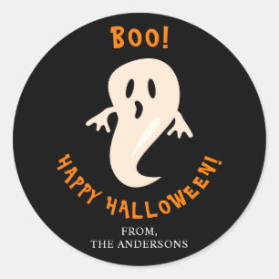 Cute Ghost Happy Halloween Boo Whimsical Black Classic Round Sticker