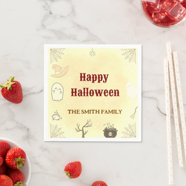 Cute Ghost Happy Halloween Custom Name Napkin (Insitu)