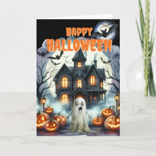 Cute Ghost Haunted House Halloween Holiday Card