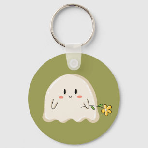Cute Ghost Holding a Yellow Flower Keychain