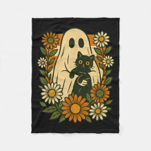 Cute Ghost Holding Black Cat Groovy Floral Funny Fleece Blanket