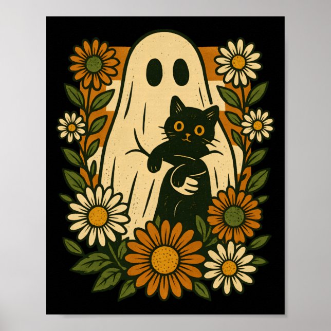Cute Ghost Holding Black Cat Groovy Floral Funny Poster (Front)