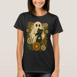 Cute Ghost Holding Black Cat Groovy Floral Funny T-Shirt