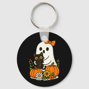 Cute Ghost Holding Black Cat Groovy Floral Keychain