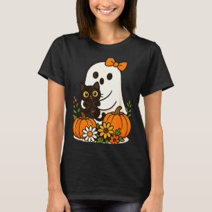 Cute Ghost Holding Black Cat Groovy Floral T-Shirt