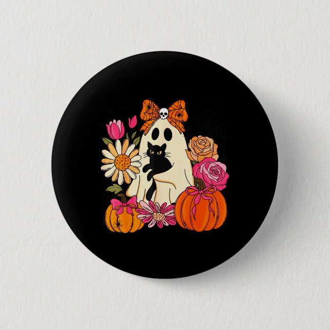 Cute Ghost Holding Black Cat Pumpkin Floral 2 Inch Round Button (Front)