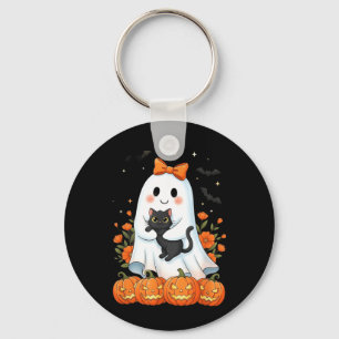 Cute Ghost Holding Black Cat Pumpkins Autumn Keychain